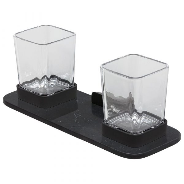 Glass holder double Black with shelf in matt black marble effect (919934-06-M6)