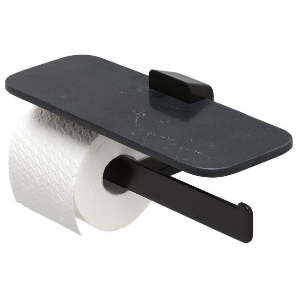 Toilet roll holder double Black with shelf in matt black marble effect (919948-06-M6)