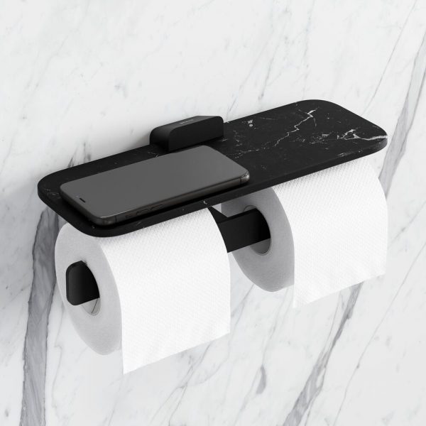 Toilet roll holder double Black with shelf in matt black marble effect (919948-06-M6) - Image 5