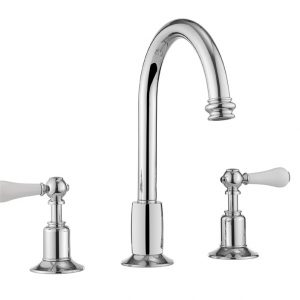 Belgravia Lever 3 Tap Hole Basin Mixer with Waste Deck Mounted Chrome White Lever (BL135DPC_LV)