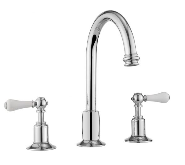Belgravia Lever 3 Tap Hole Basin Mixer with Waste Deck Mounted Chrome White Lever (BL135DPC_LV)